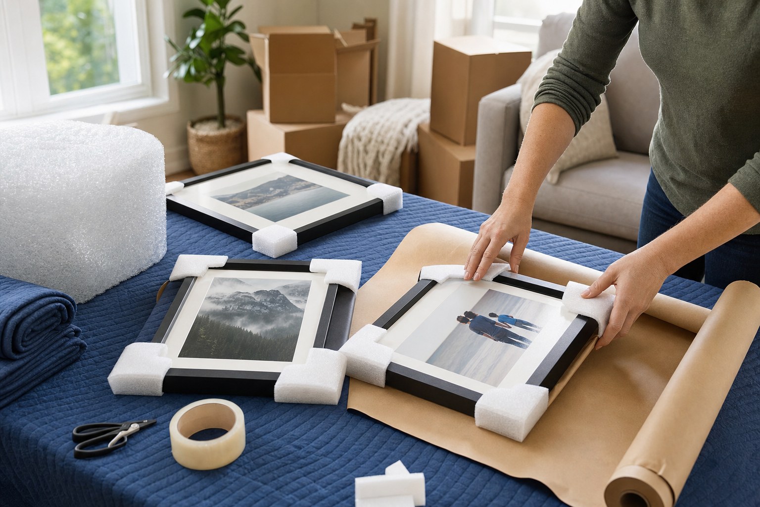 Framed pictures being protected with foam corners and packing paper before a move