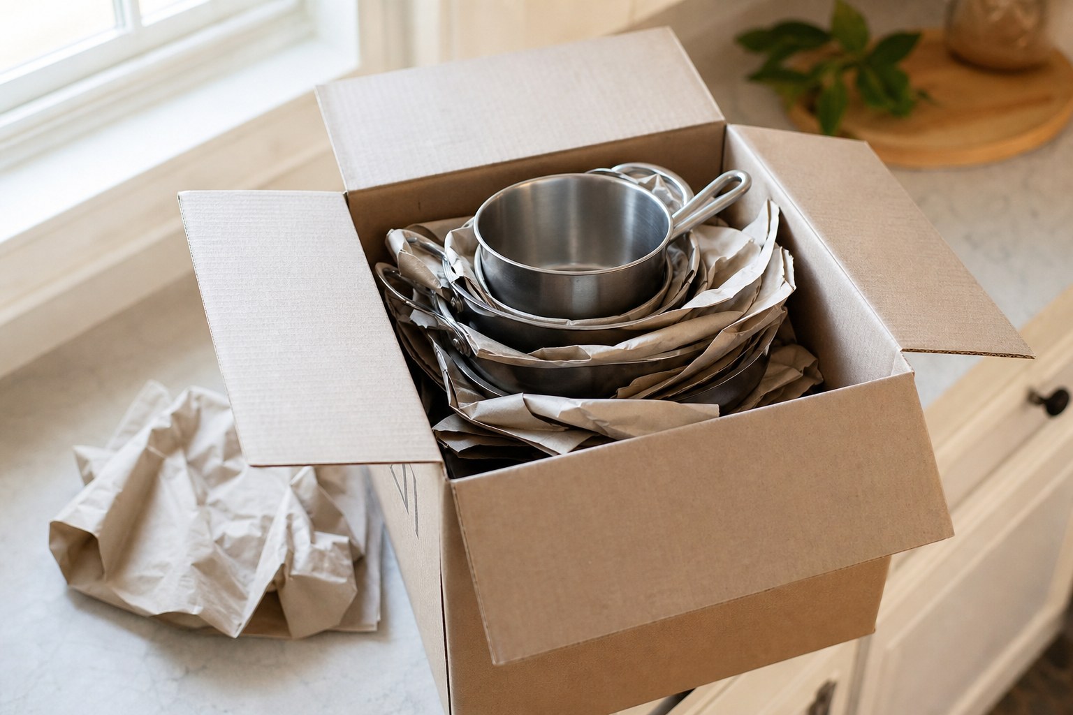 Nested pots and pans separated with packing paper inside a moving box