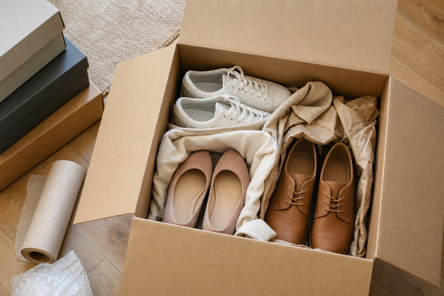 Shoes separated with soft fabric and packing paper inside a moving box