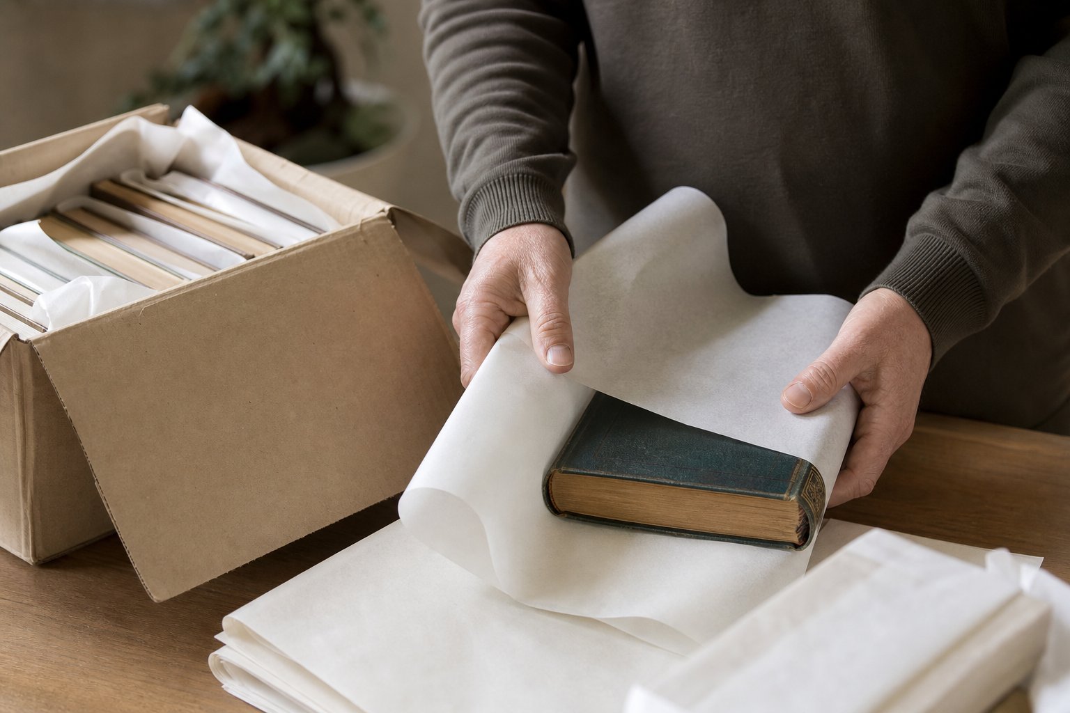 A hardcover book being wrapped in clean packing paper beside a moving box