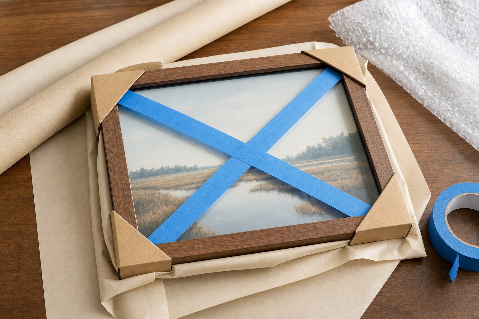 Framed picture protected with a painter's-tape X, cardboard corner guards and packing paper