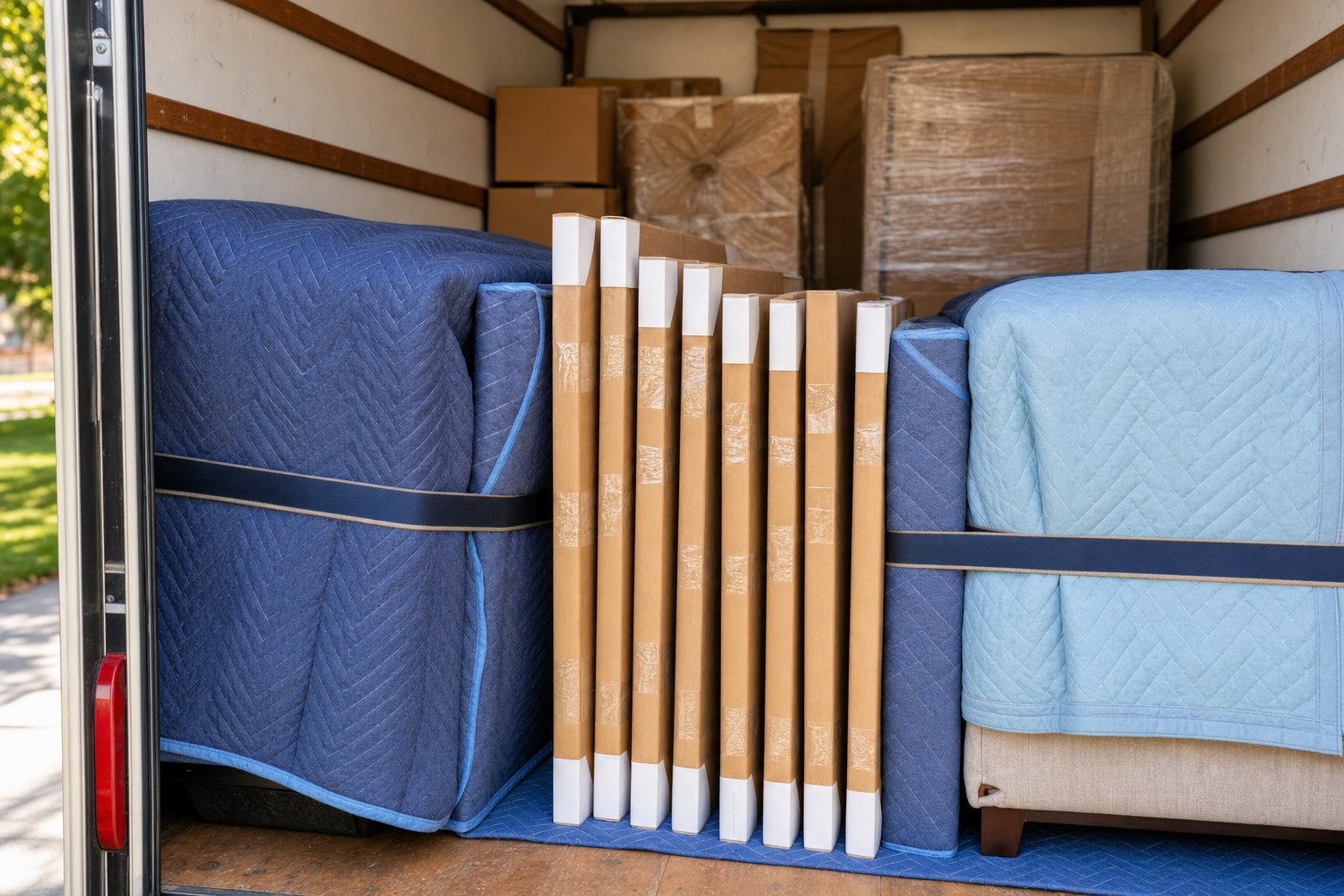 Protected picture boxes standing upright and secured between padded furniture in a moving truck