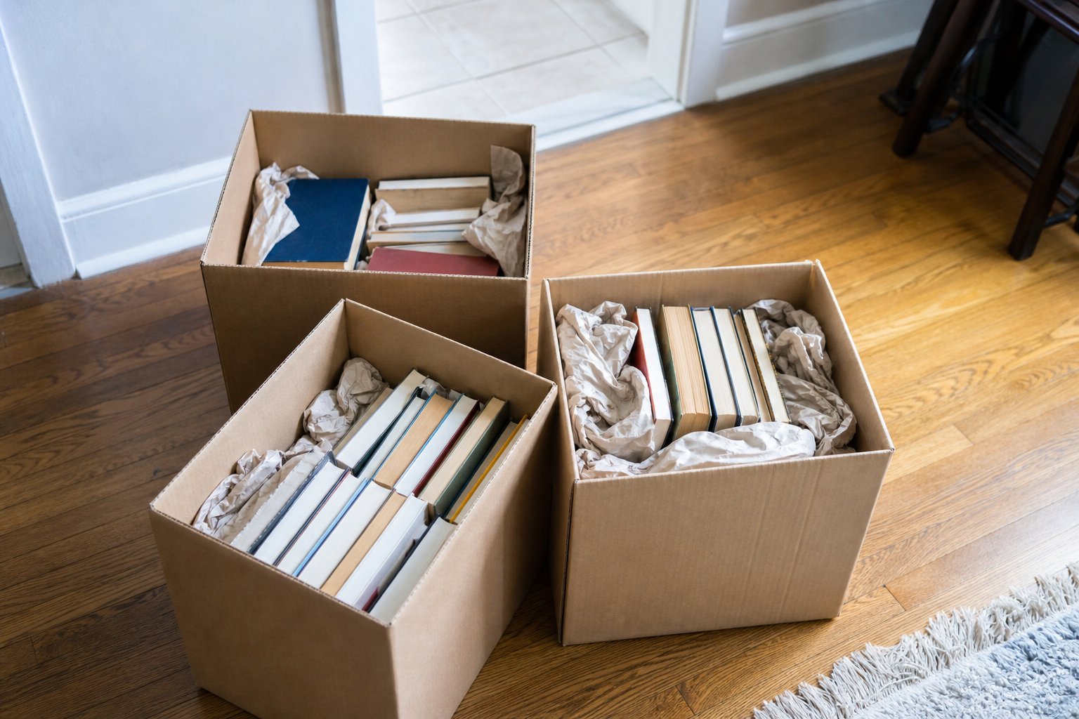 Small moving boxes of books with packing paper in a home