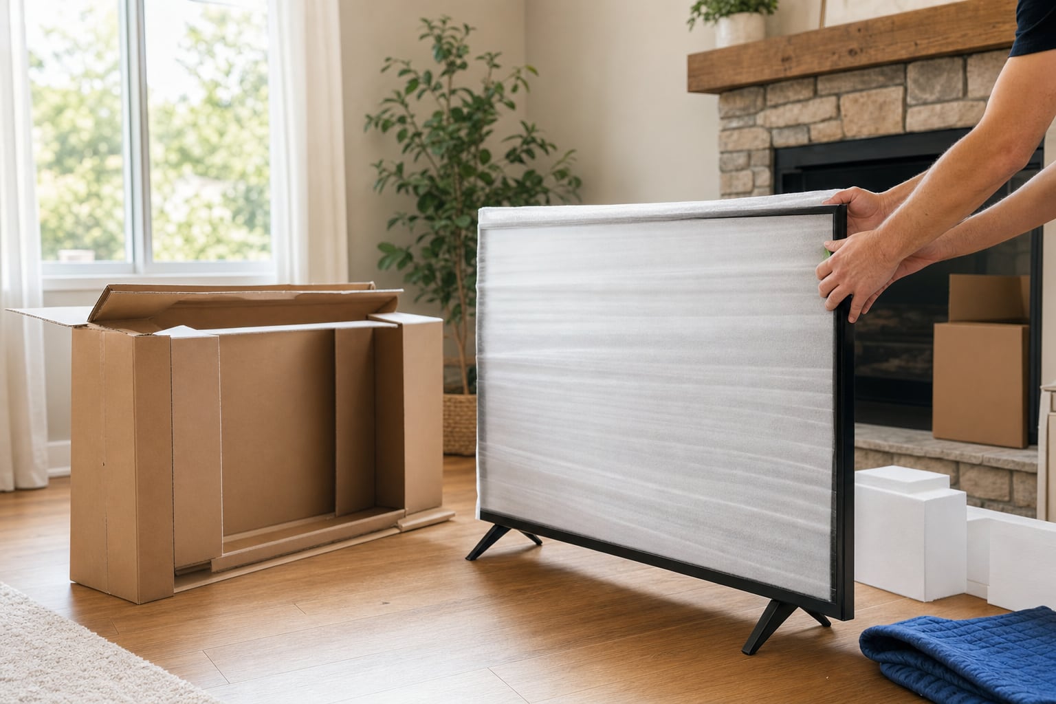 Flat-screen television protected with foam and ready to be packed for a move