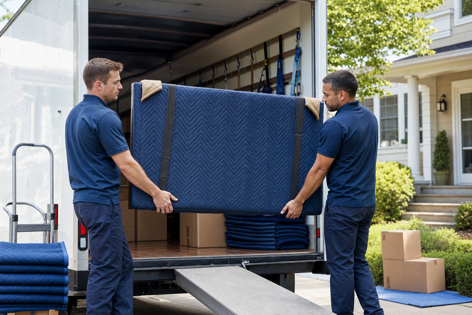 Professional movers carrying a protected flat-screen television upright at a moving truck