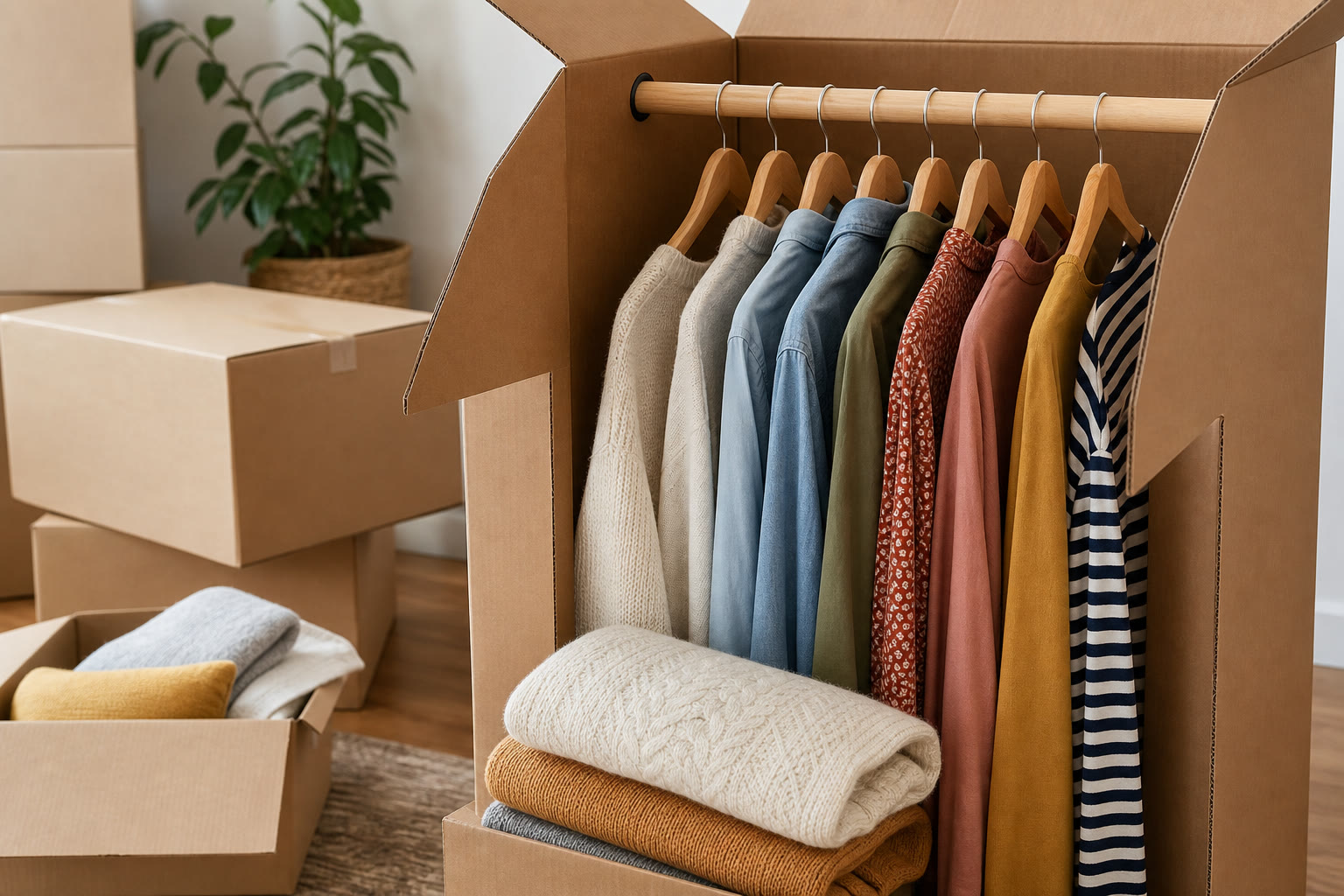 Hanging clothes packed neatly in a wardrobe moving box