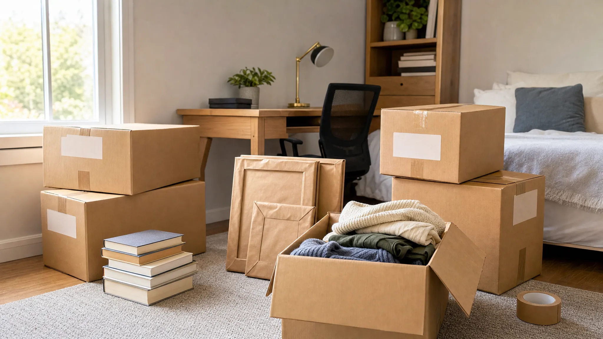 Organized moving boxes, books, wrapped artwork and folded linens in a home