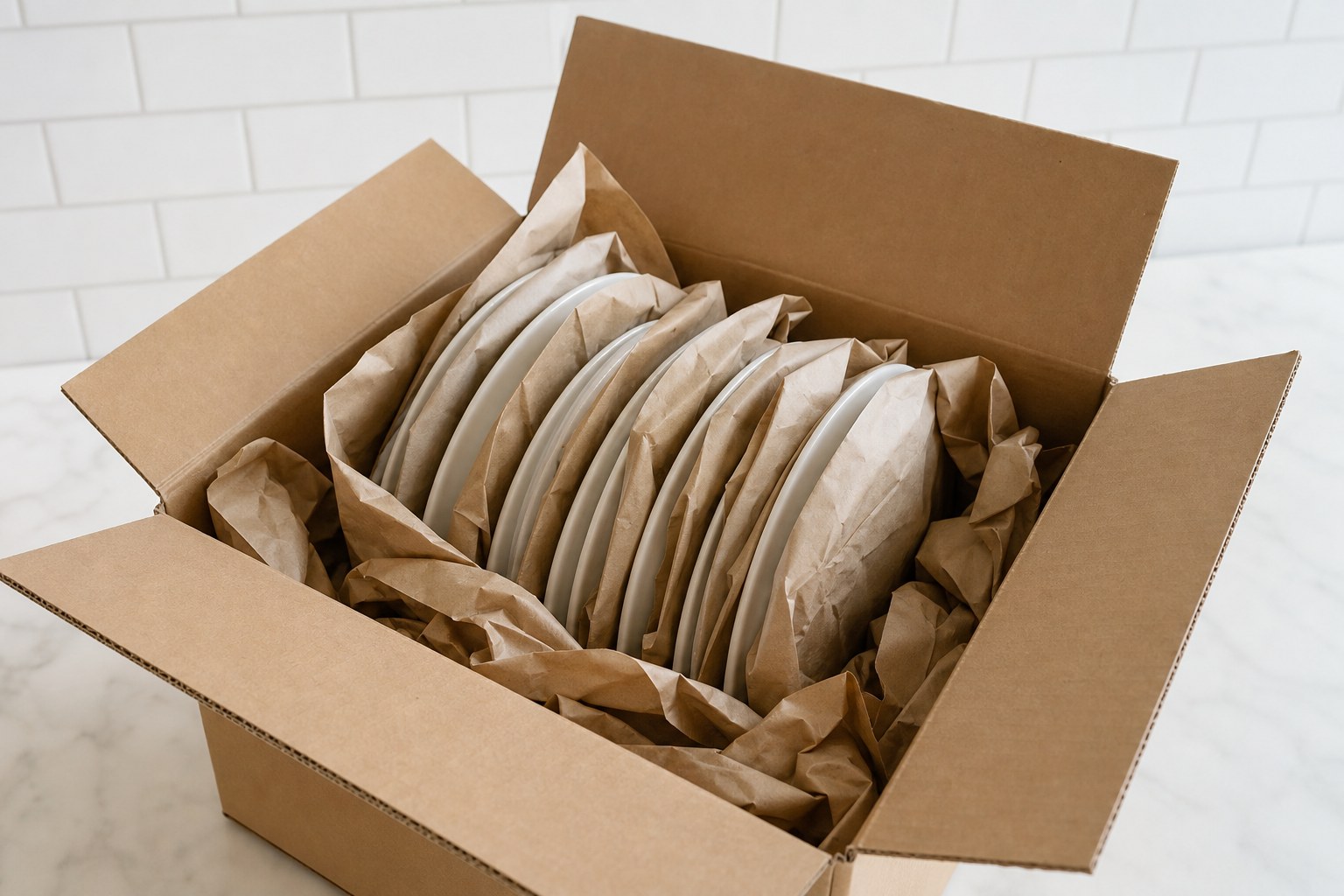 Paper-wrapped dinner plates packed upright in a sturdy moving box