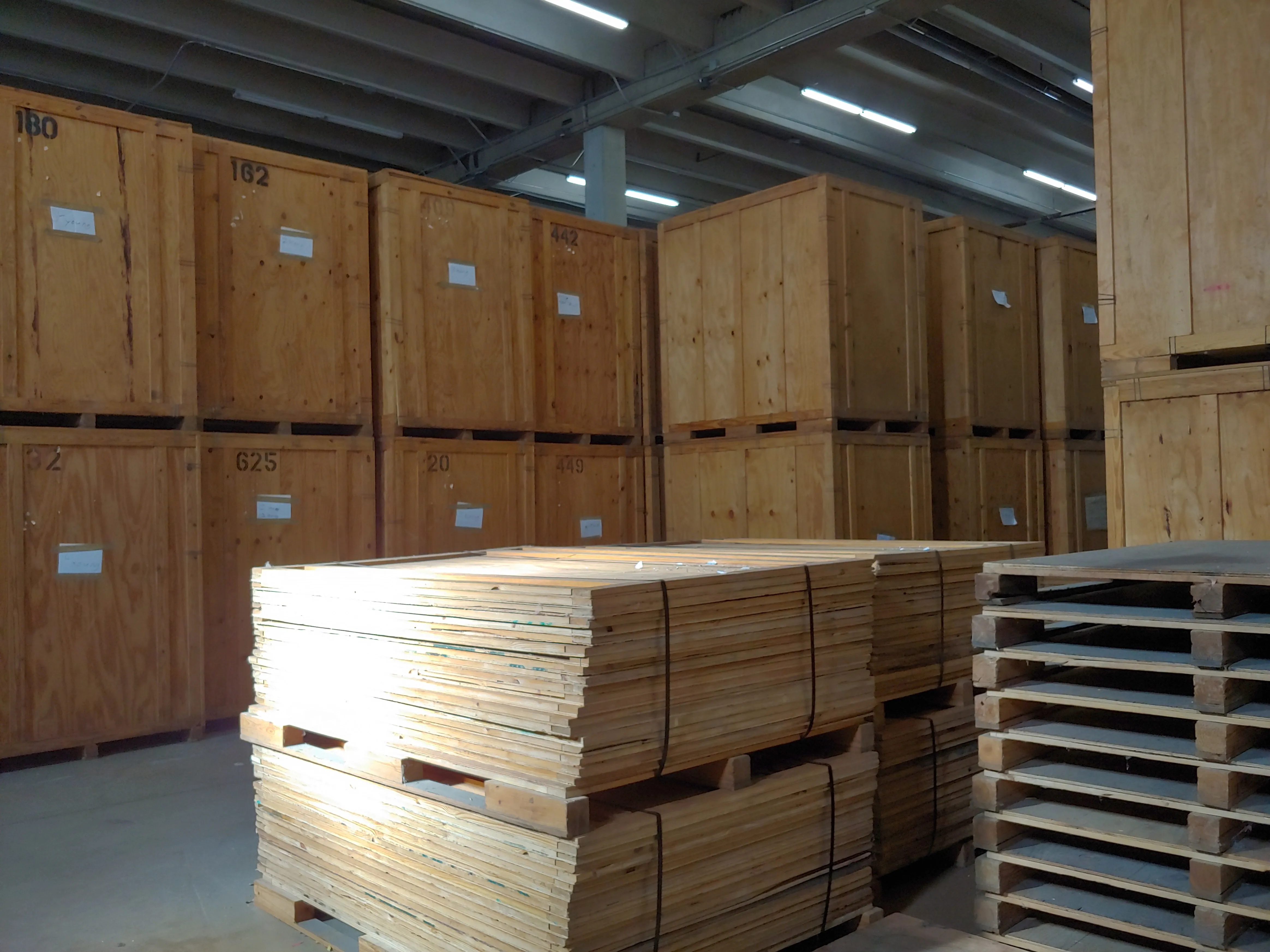 Wooden storage crates inside Taylor's Longmont storage facility