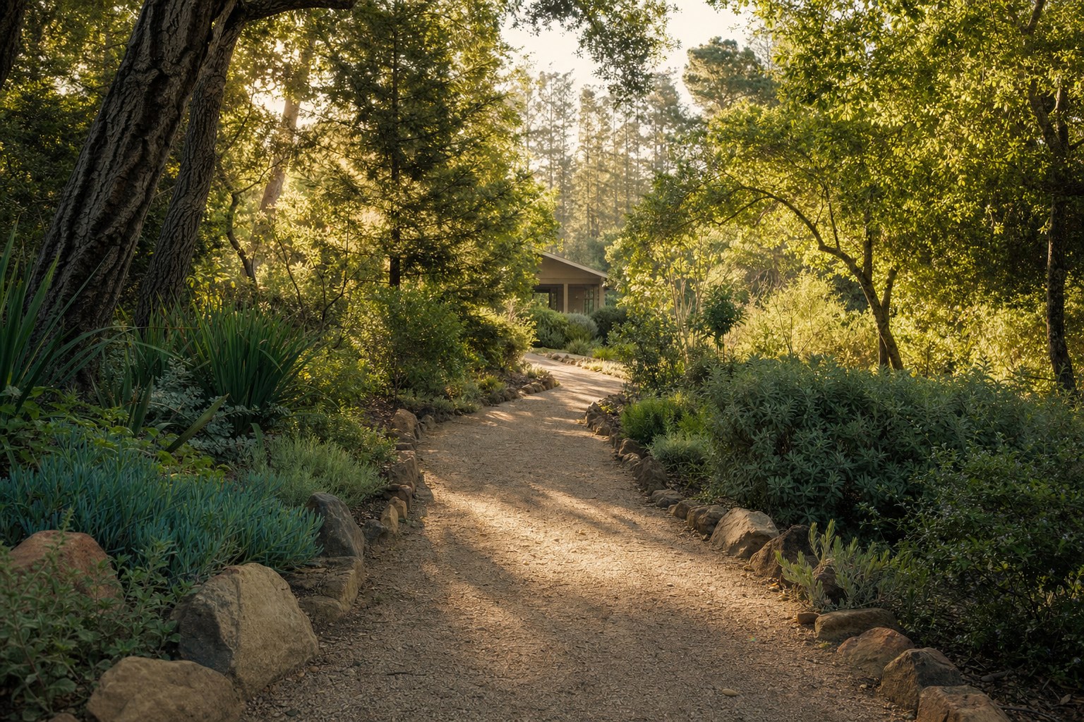A quiet garden path leading toward a gathering place