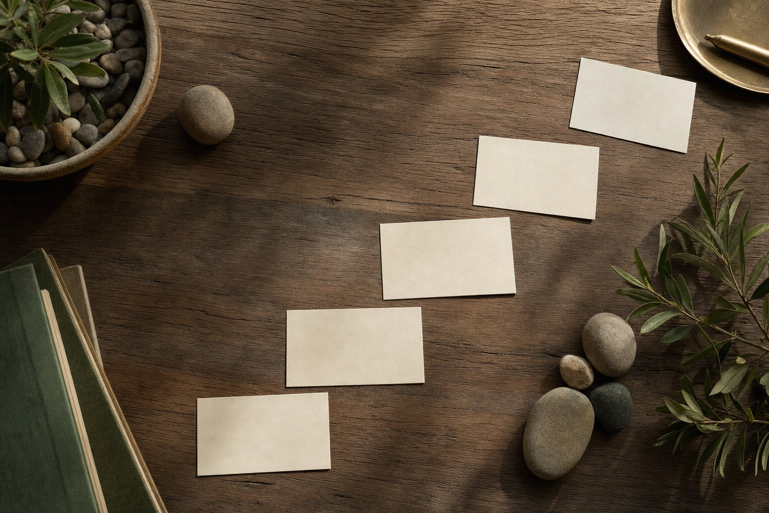 Blank cards arranged as a pathway across a wooden table