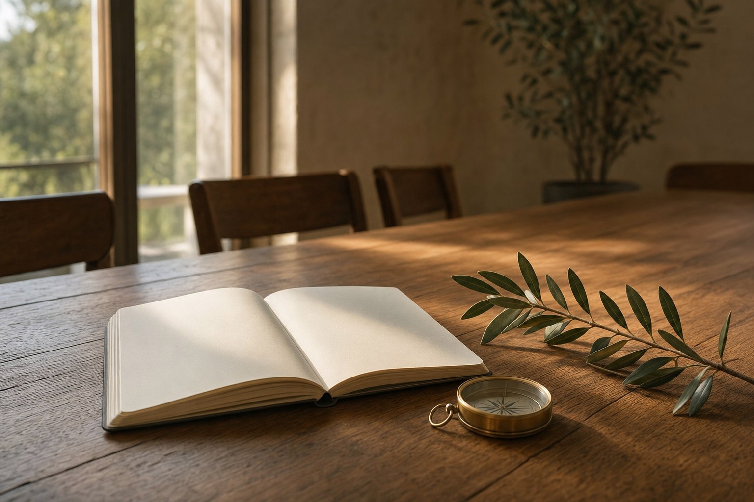 An open notebook, compass, and olive branch on a shared table