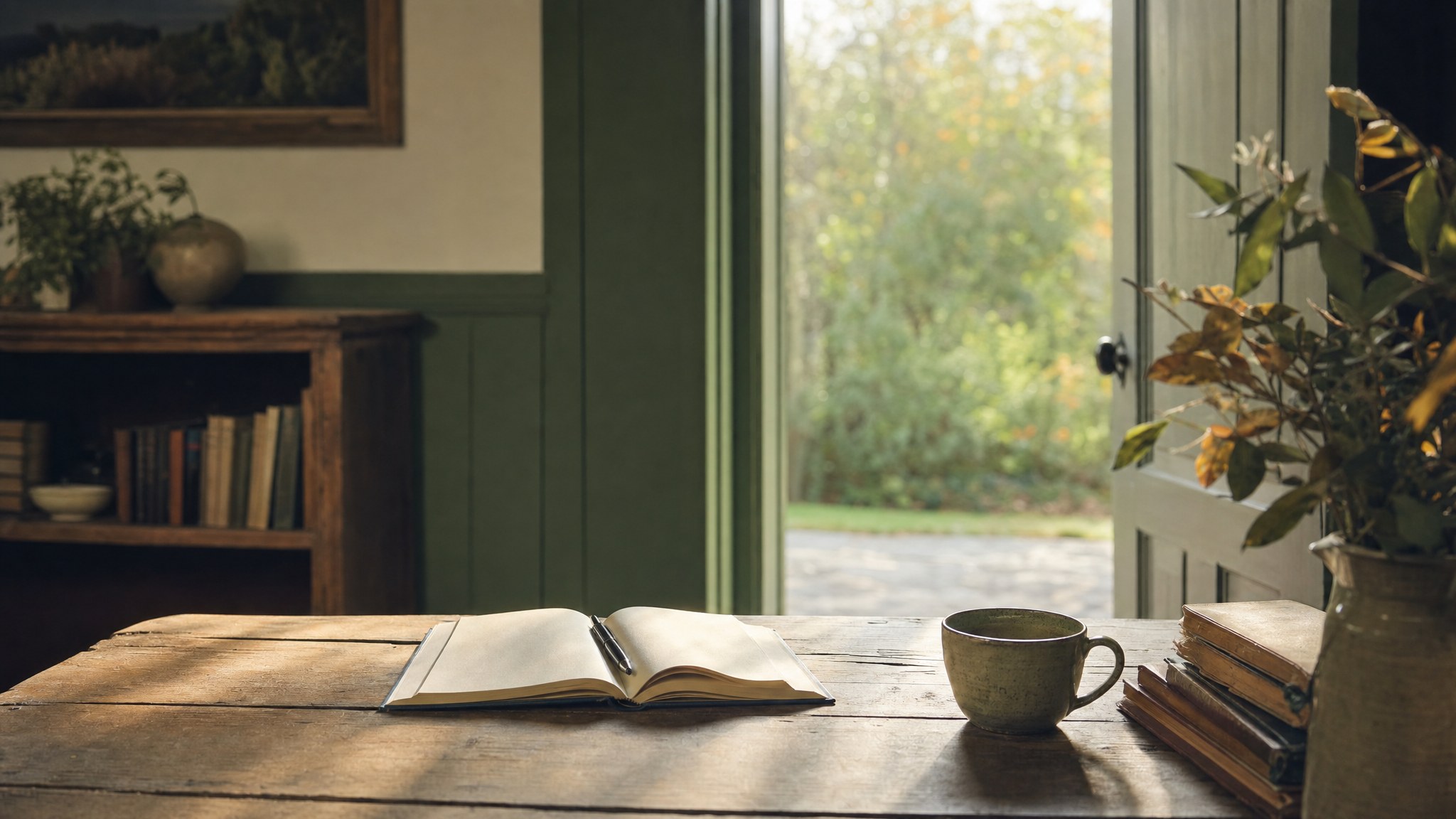 An open notebook and mug on a wooden table beside an open doorway in a quiet study