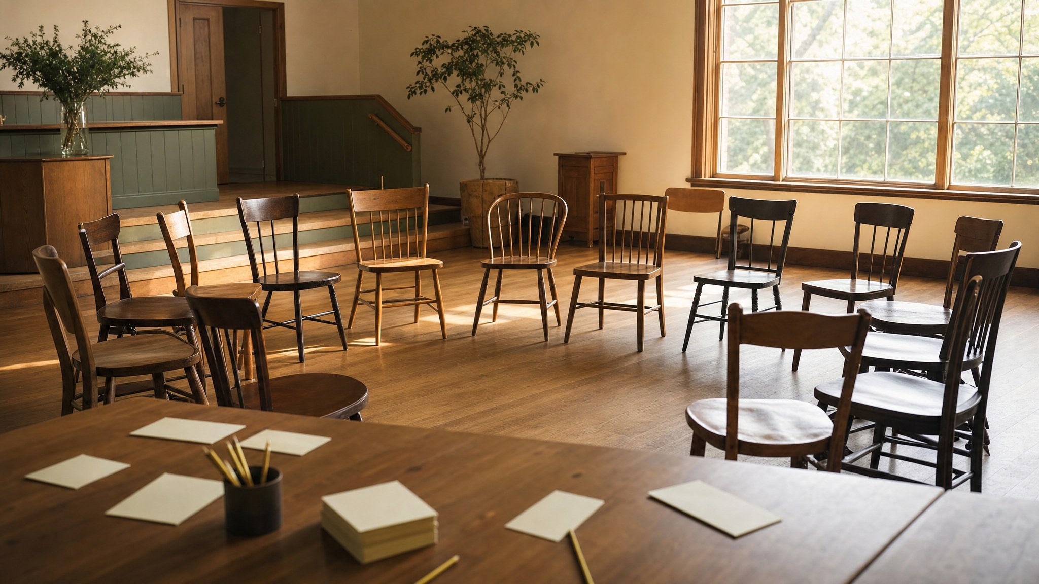 An empty circle of wooden chairs in a sunlit congregational meeting room