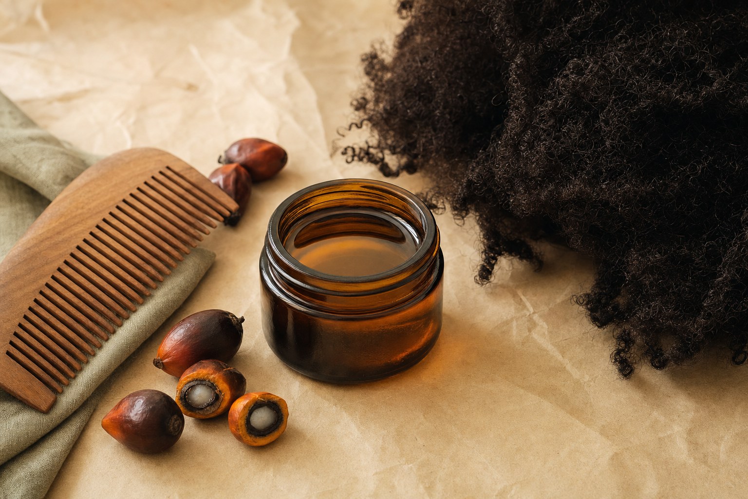 Batana oil, palm fruit, and a wooden comb on a warm paper surface