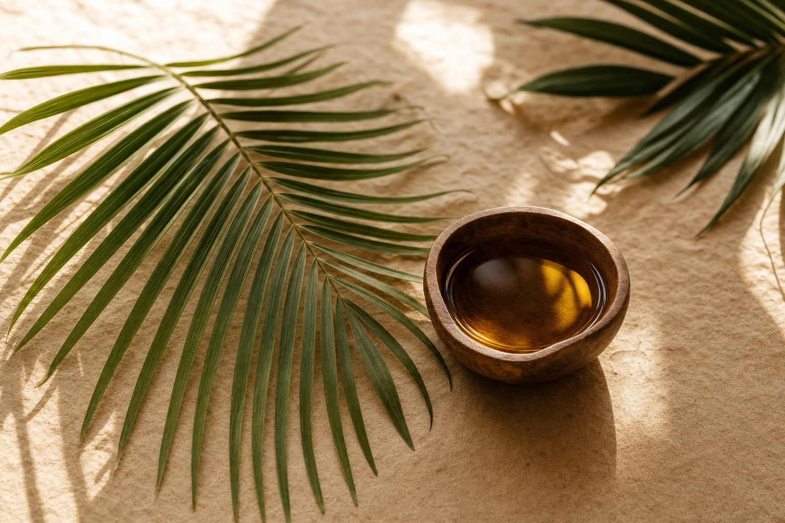 Palm foliage and a wooden bowl of botanical oil