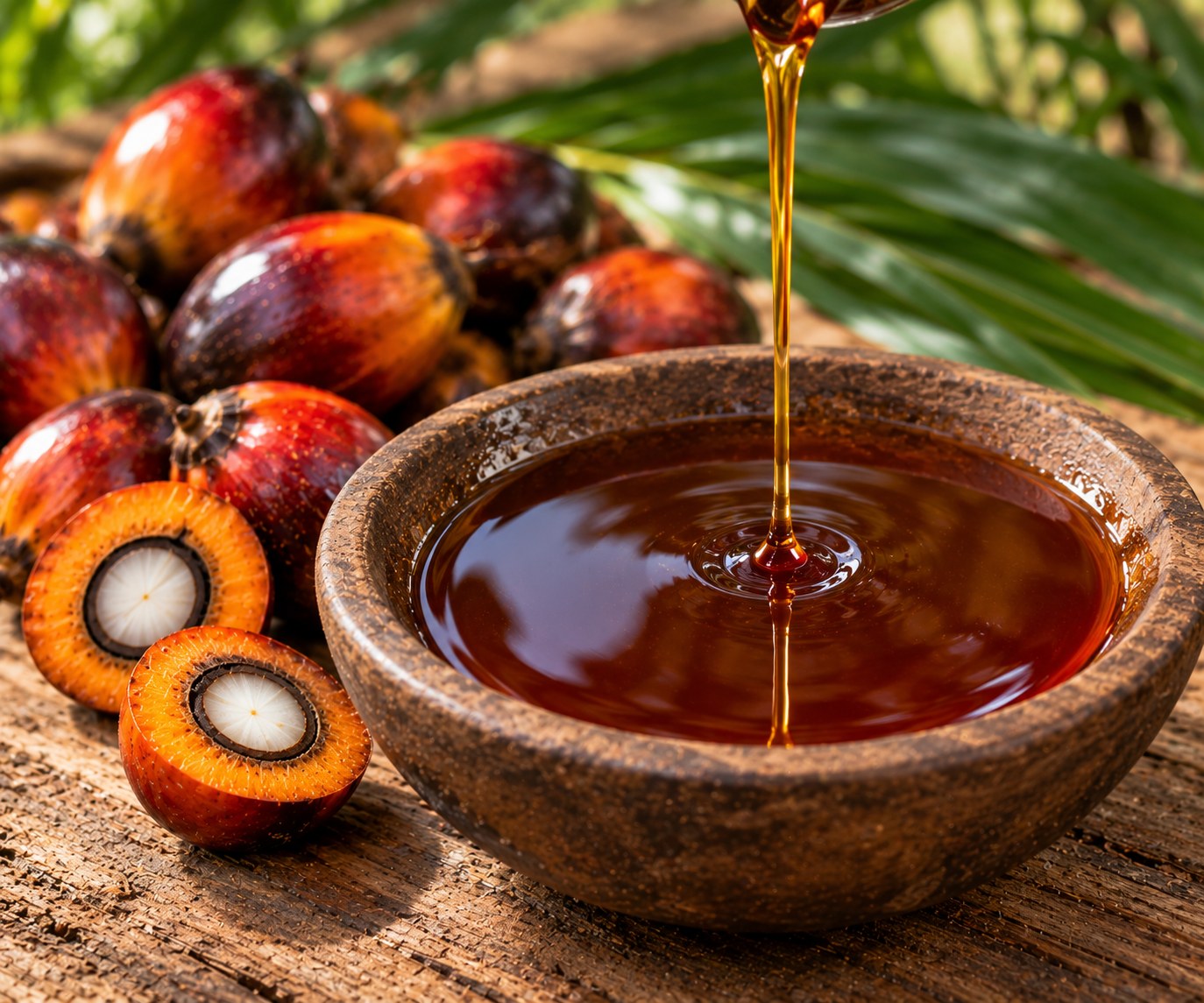 Batana Oil in a wooden bowl beside palm fruit