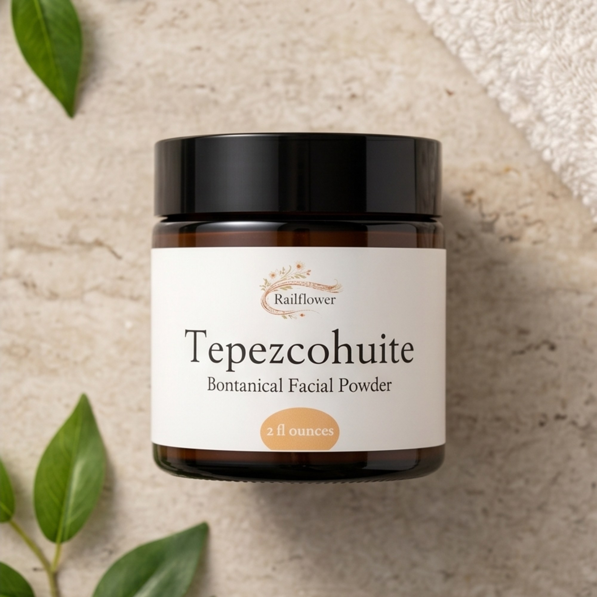 Railflower Tepezcohuite Facial Powder in its amber jar