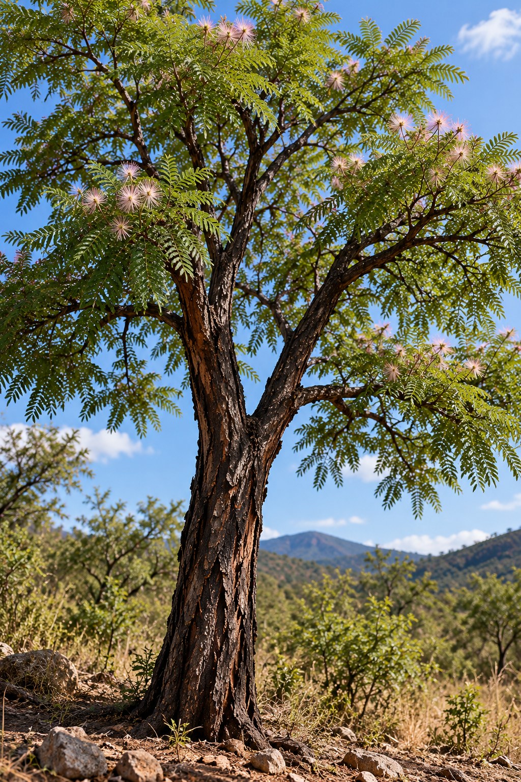 Tepezcohuite tree with feathery leaves and pale flowers