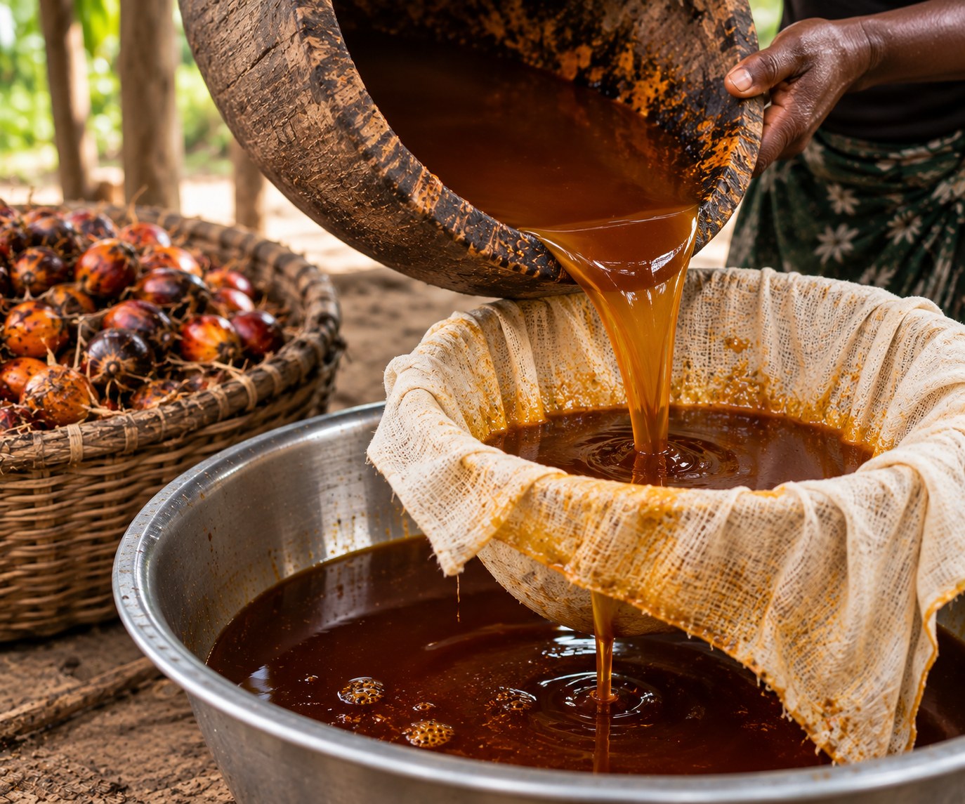 Dark Batana Oil being strained by hand