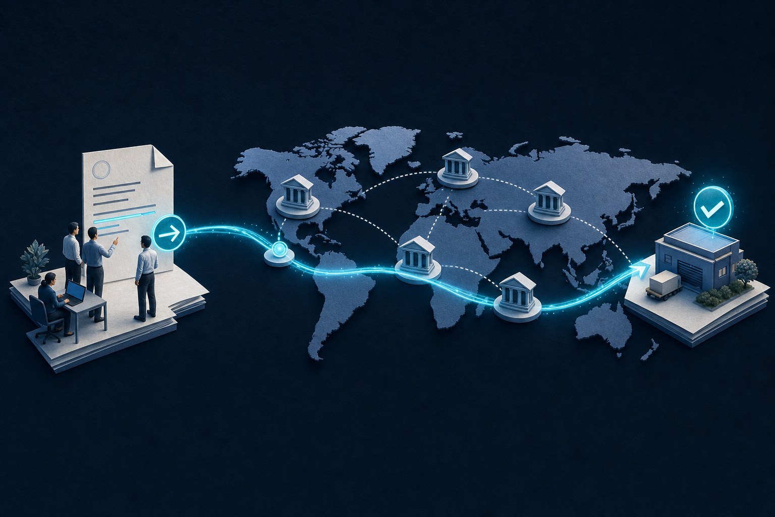 Cross-border business payment journey connecting a finance team, payment network, and recipient