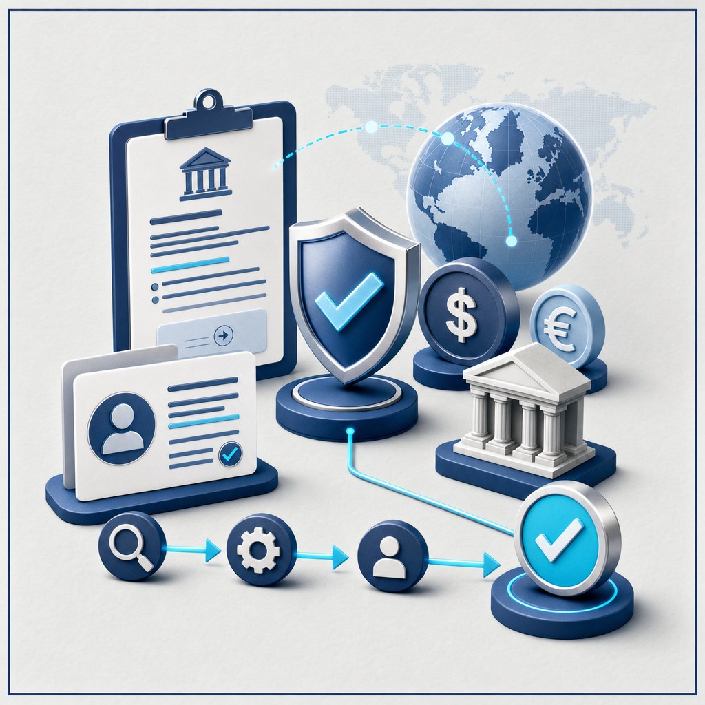 Payment instruction, verified beneficiary details, and approval check before an international business payment
