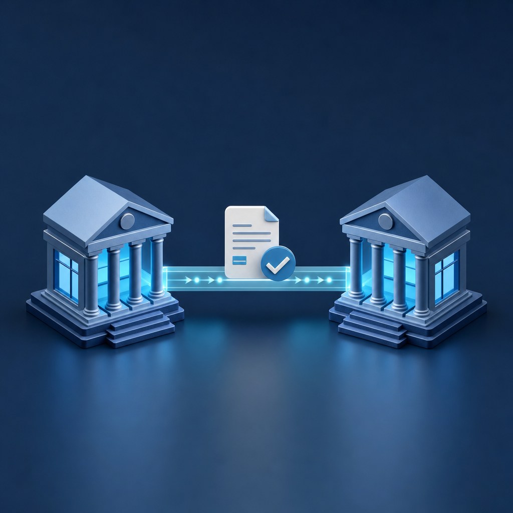 Two banks connected by a payment route, document, and confirmation symbol