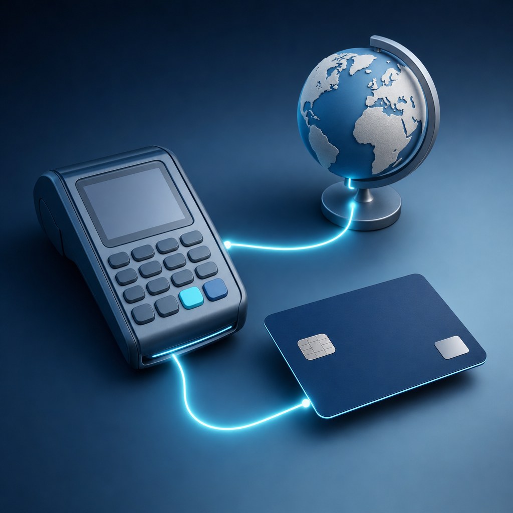 Payment terminal, card, and globe connected by a luminous route