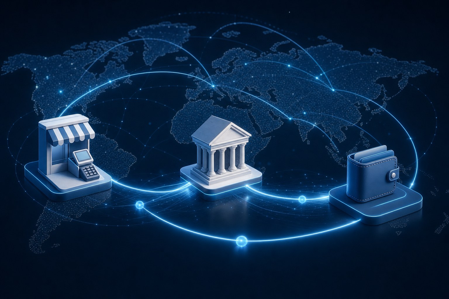 International payment routes linking a merchant, bank, and digital wallet