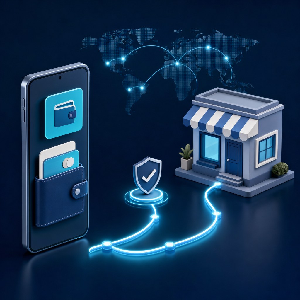 Digital wallet and local storefront linked by a global payment route