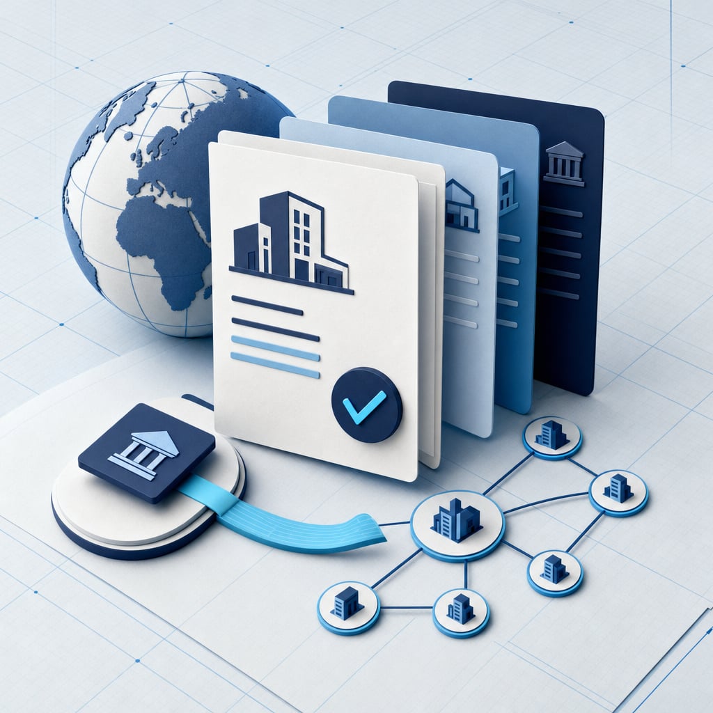 Business documents and verification markers representing company and ownership checks