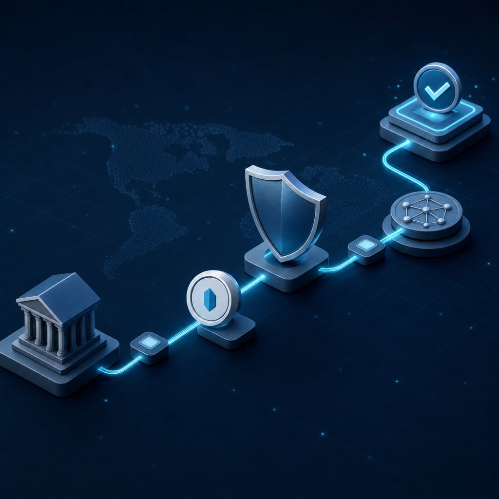 Secure payment route connecting an origin, verification point, and destination