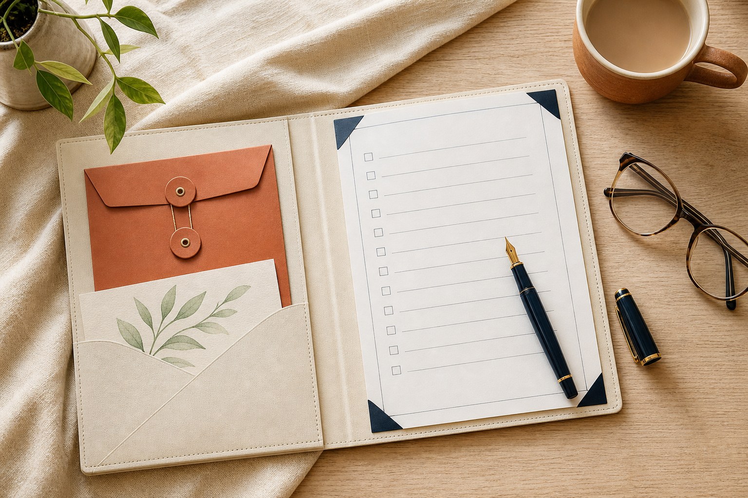 Open cream planning folio with a blank checklist, pen and glasses