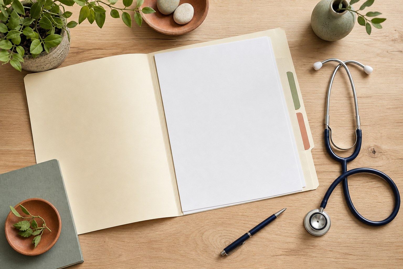 Healthcare planning papers in an open folder beside a stethoscope