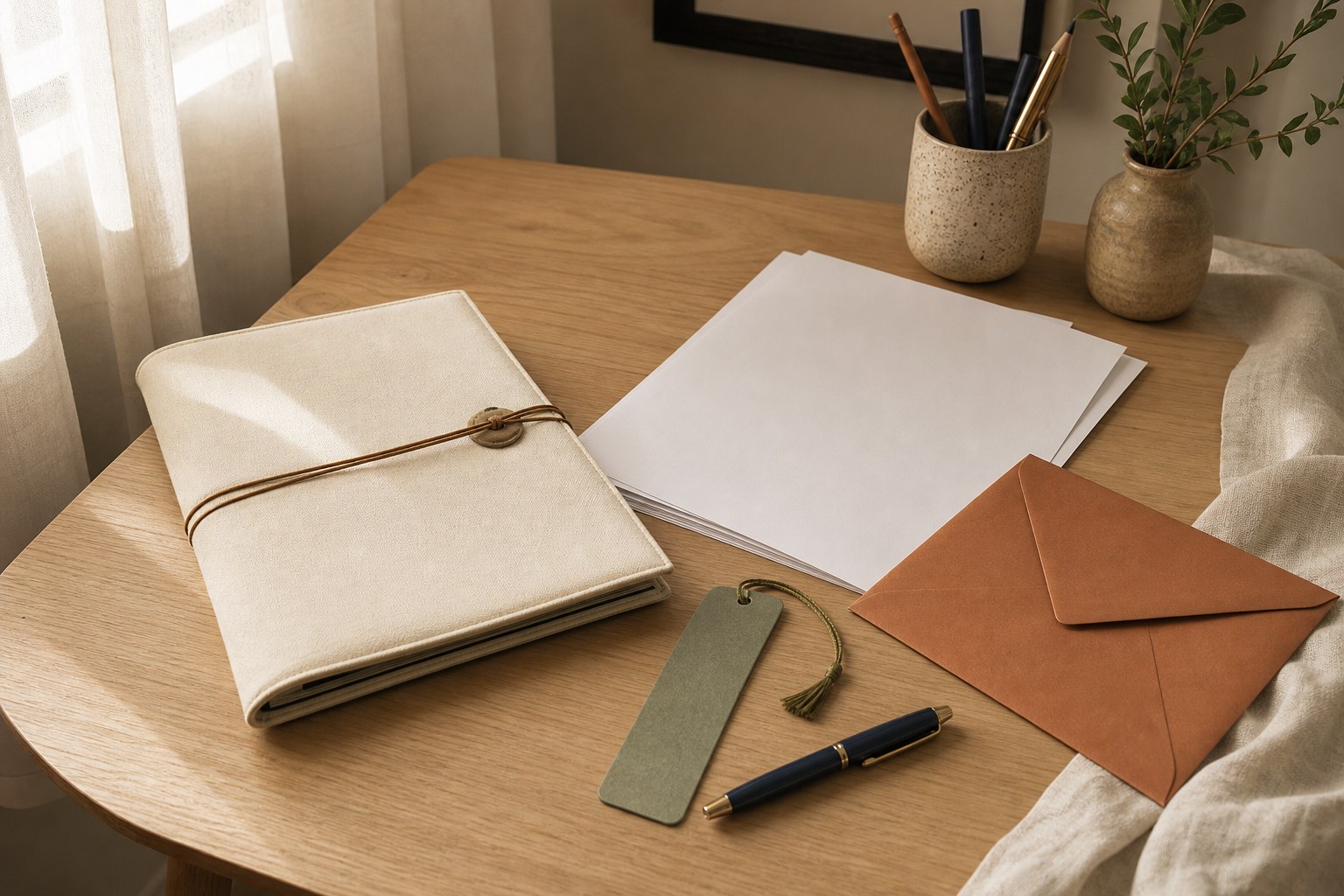 Cream folio, envelope and planning materials on a warm desk