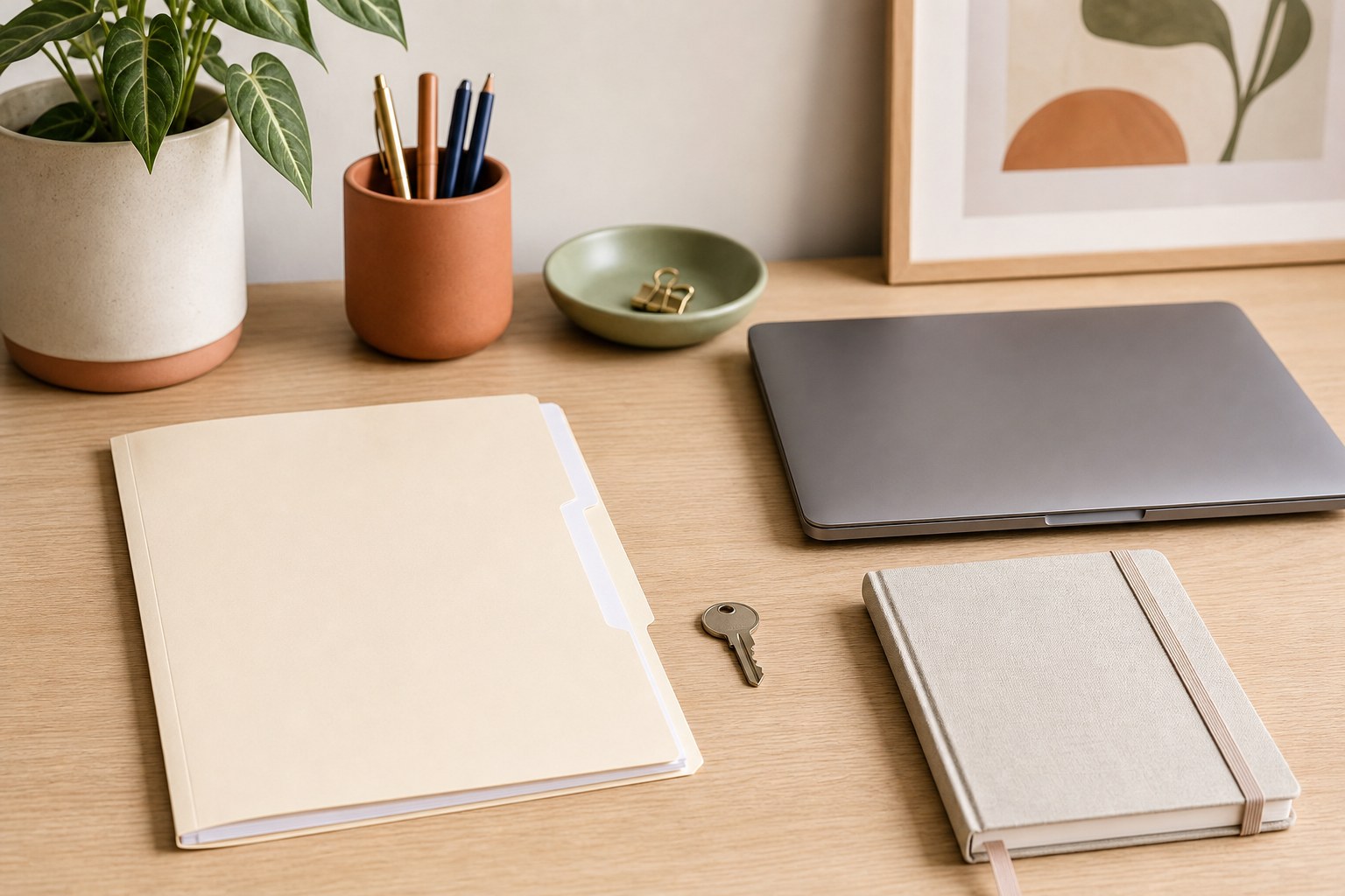Organized home desk with a document folder, laptop, notebook and key
