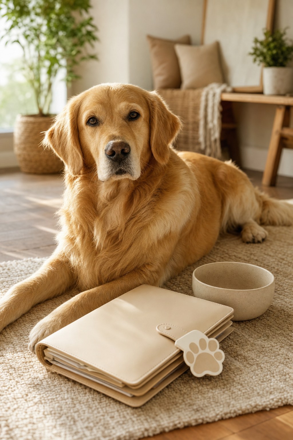 A golden retriever resting beside a planning folder at home