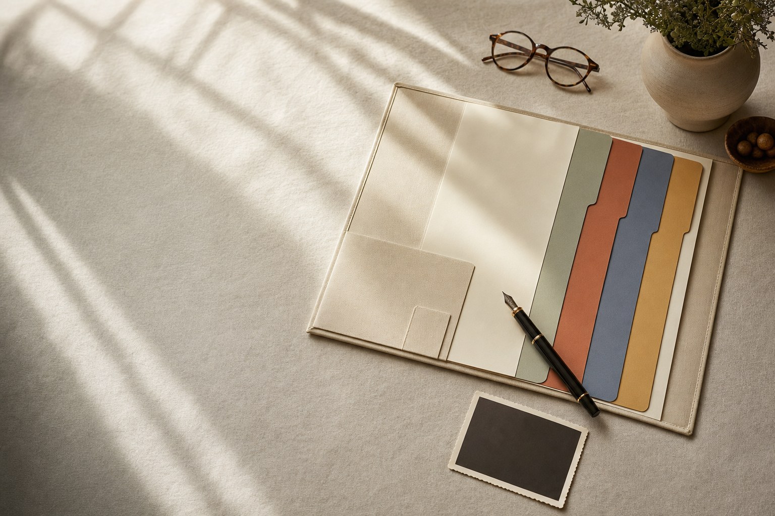 A cream planning folio with coloured tabs on a sunlit table