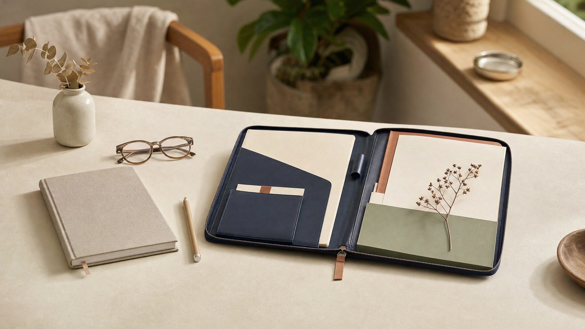 An organized planning folio and notebook on a warm desk