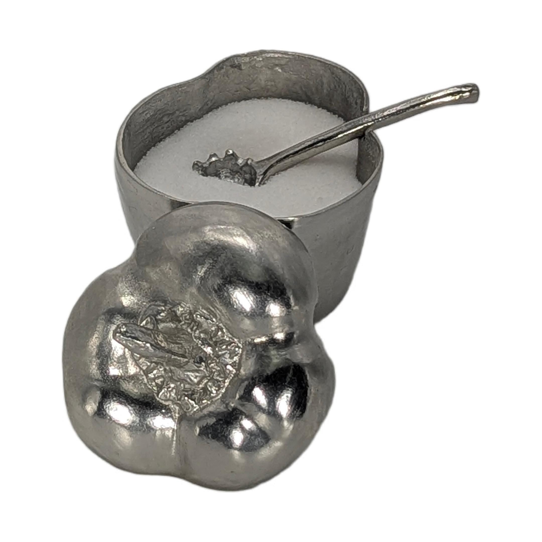 Hand-cast pewter bell pepper salt cellar with a small spoon