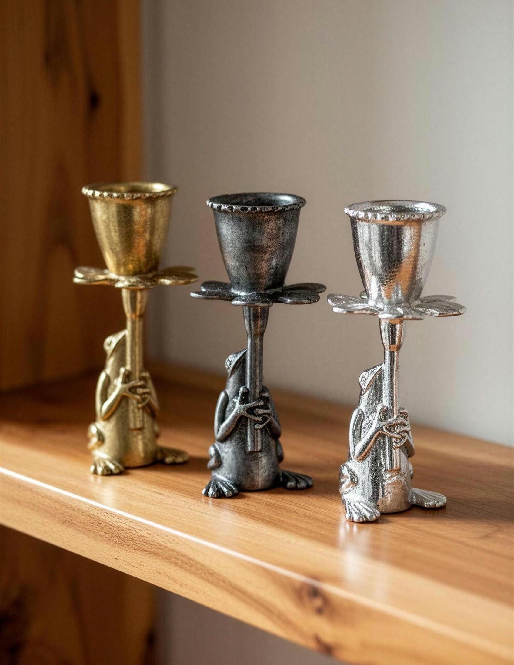 Handmade pewter frog and daffodil candle holder
