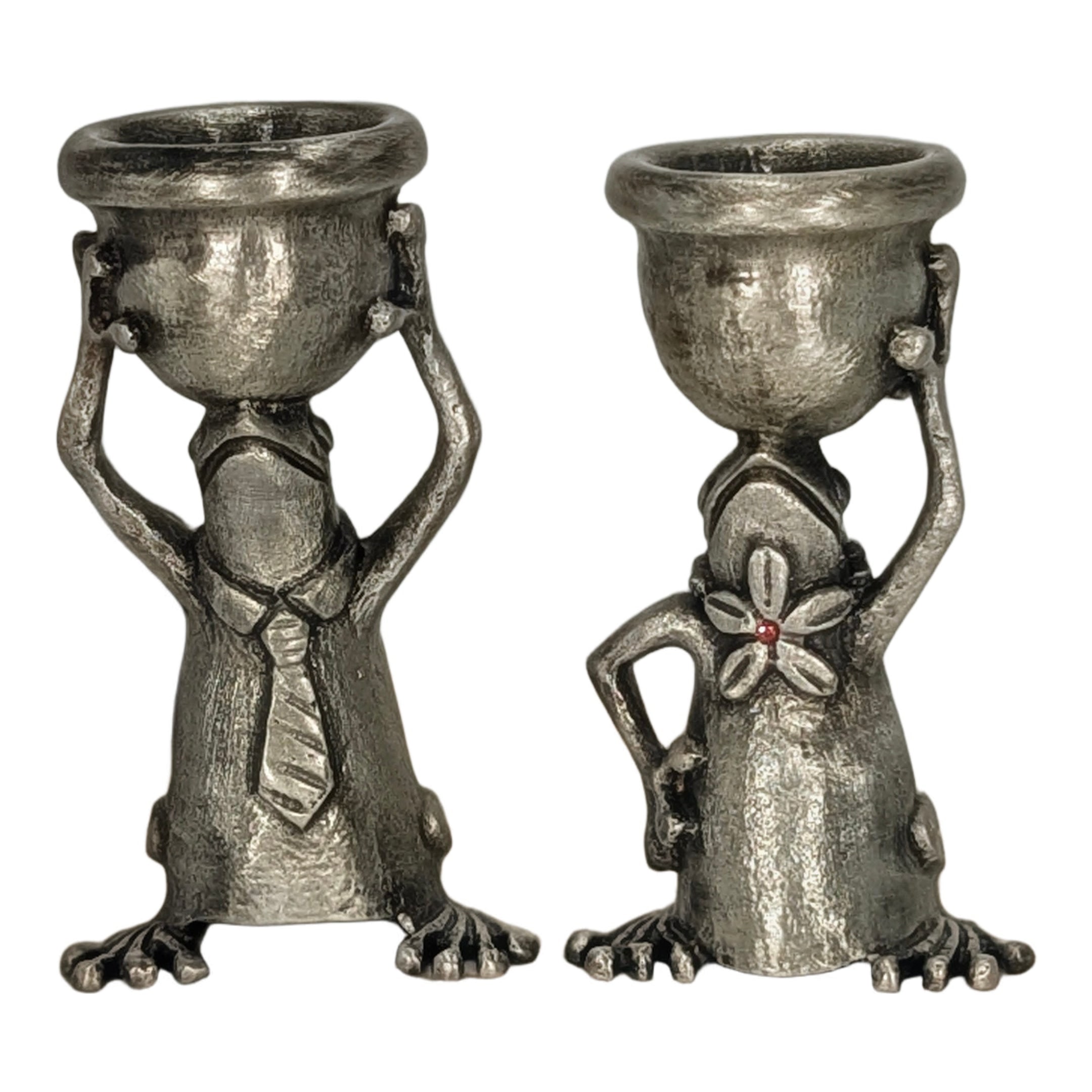 Hand-cast pewter frog taper candle holders