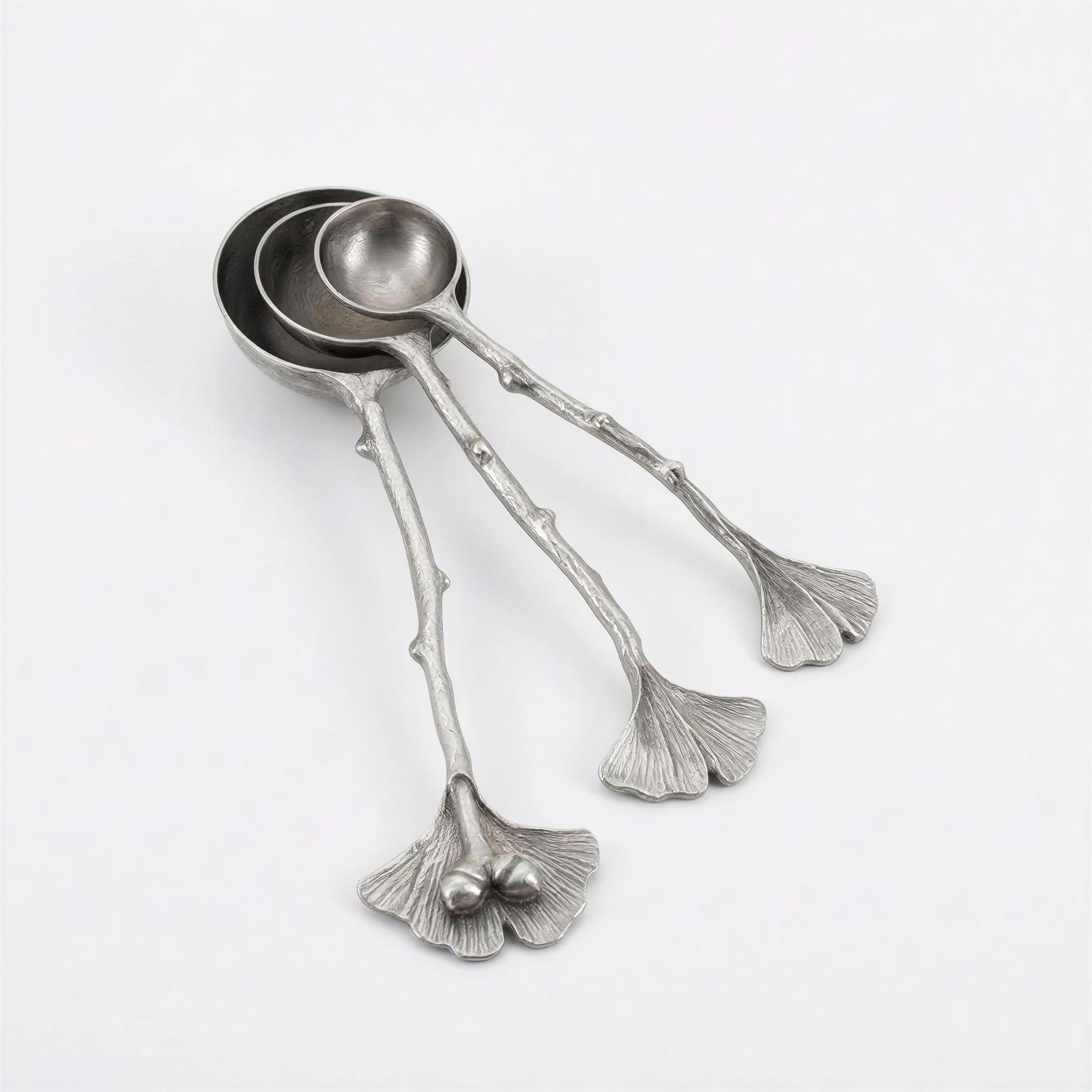 Handcrafted pewter ginkgo leaf measuring spoons