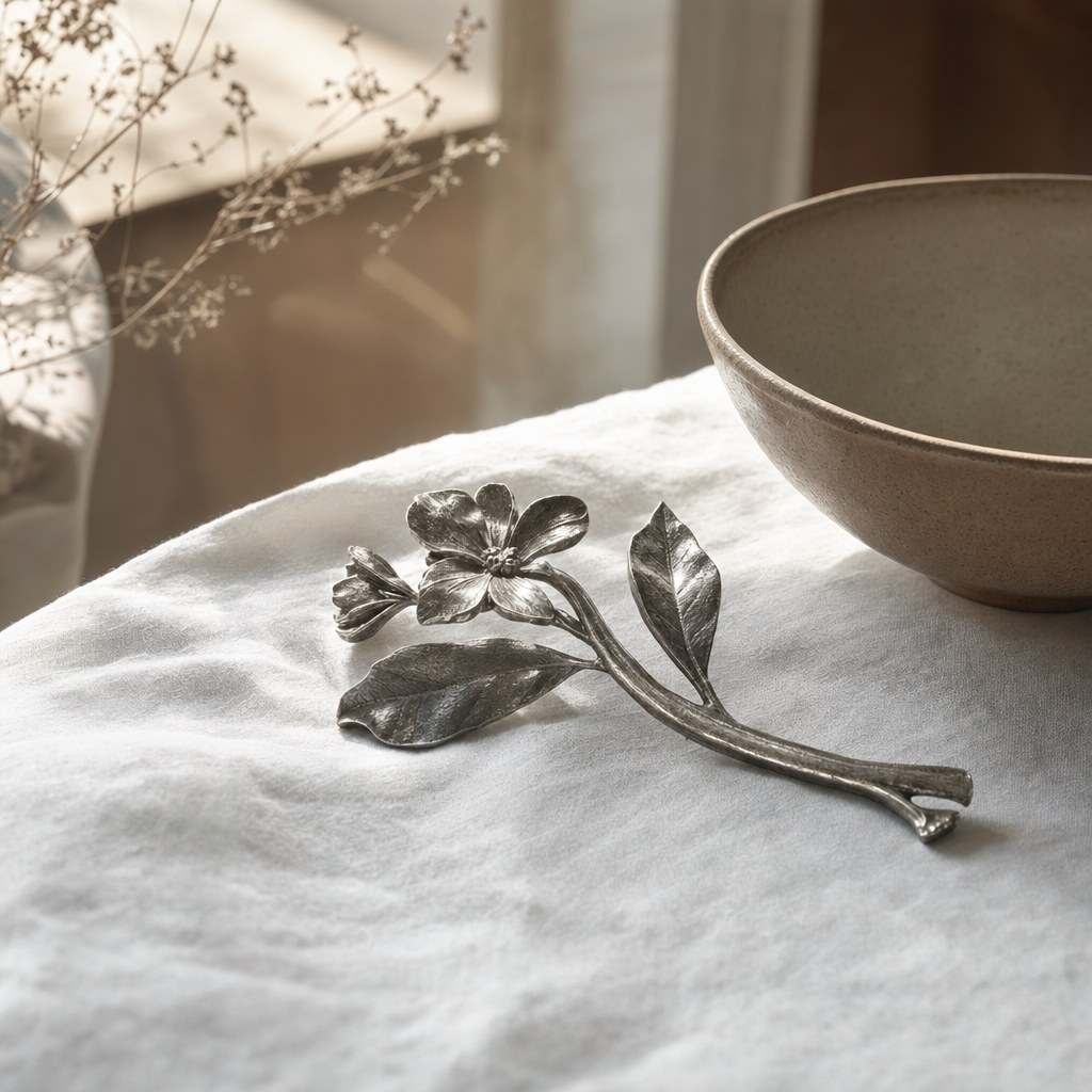 Hand-cast botanical pewter table detail on linen beside a ceramic bowl