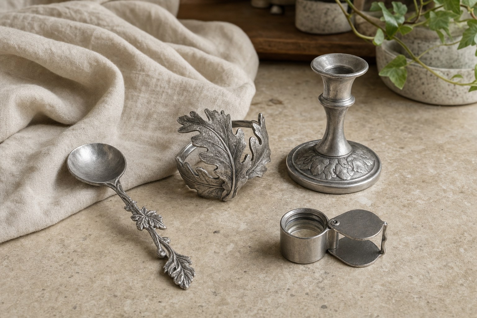 Hand-cast pewter objects beside a loupe on a stone work surface