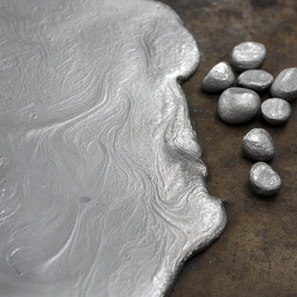 Close view of a silvery pewter casting surface beside tin pellets