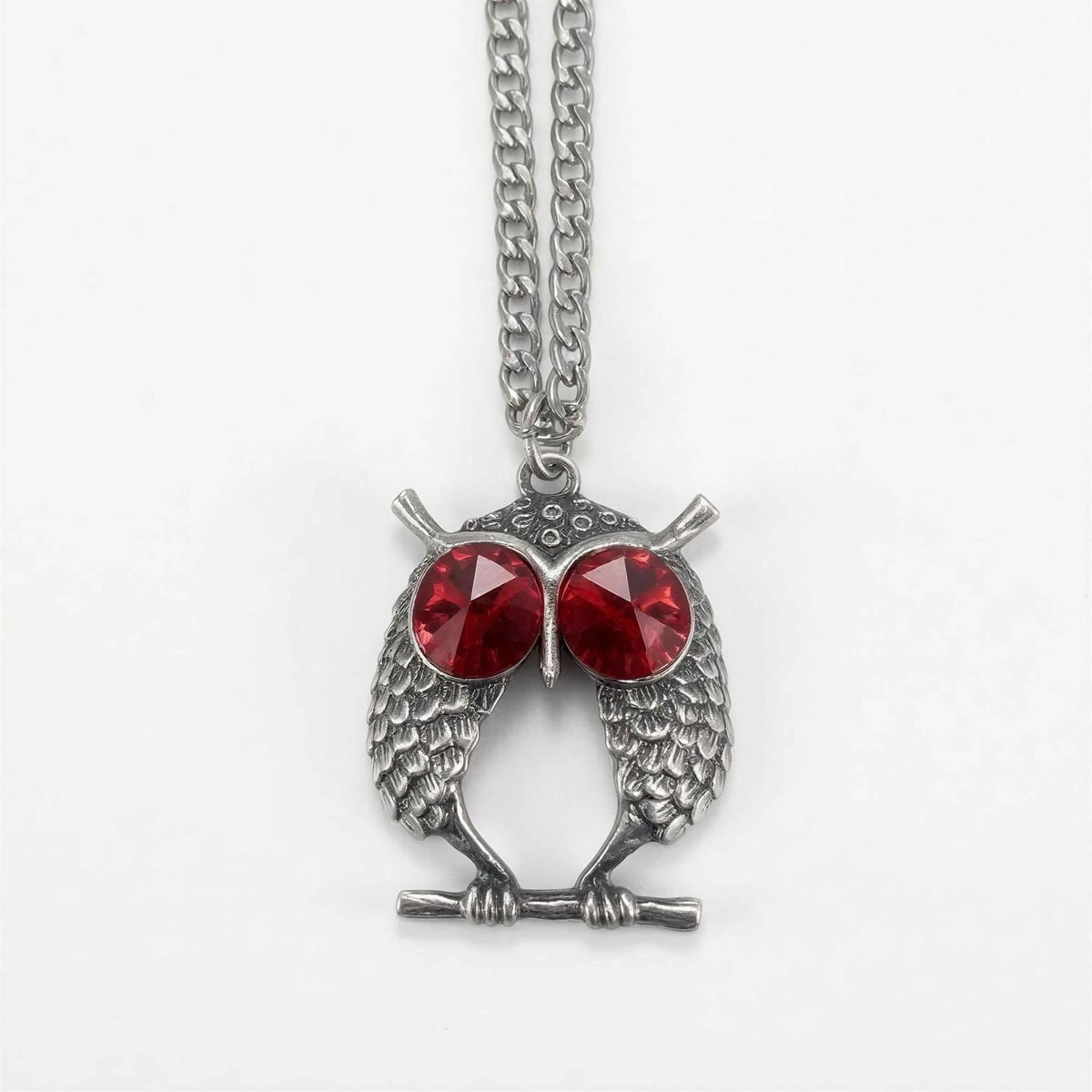 Hand-cast pewter owl pendant with red crystal eyes