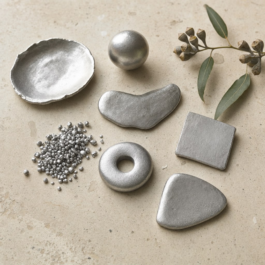 Hand-cast pewter forms and tin pellets on a stone surface