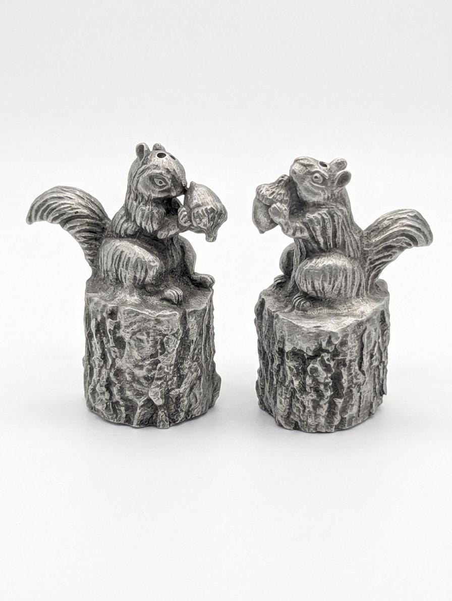 Handmade pewter squirrel salt and pepper shakers
