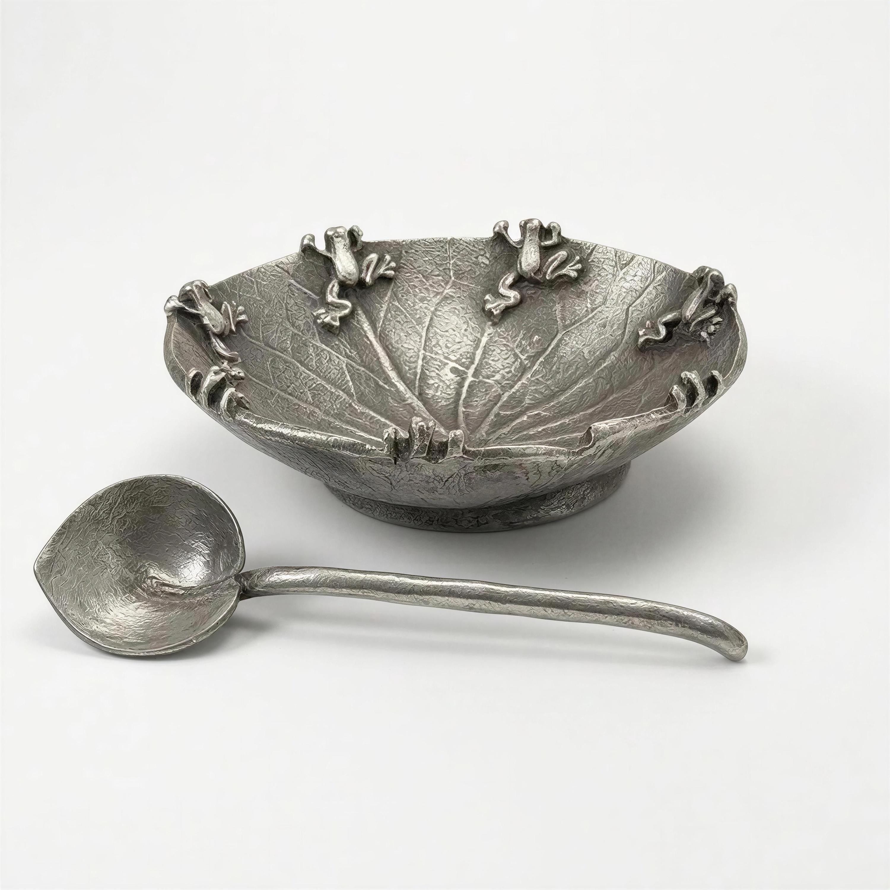 Hand-cast pewter water lily salt cellar with a matching spoon